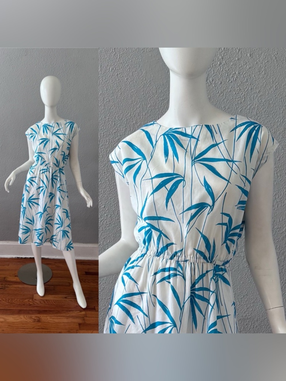 Vintage 70s White Blue Tropical Midi Dress M